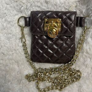 Michael Kors Brown faux leather quilted mini crossbody/fanny pack chain accent